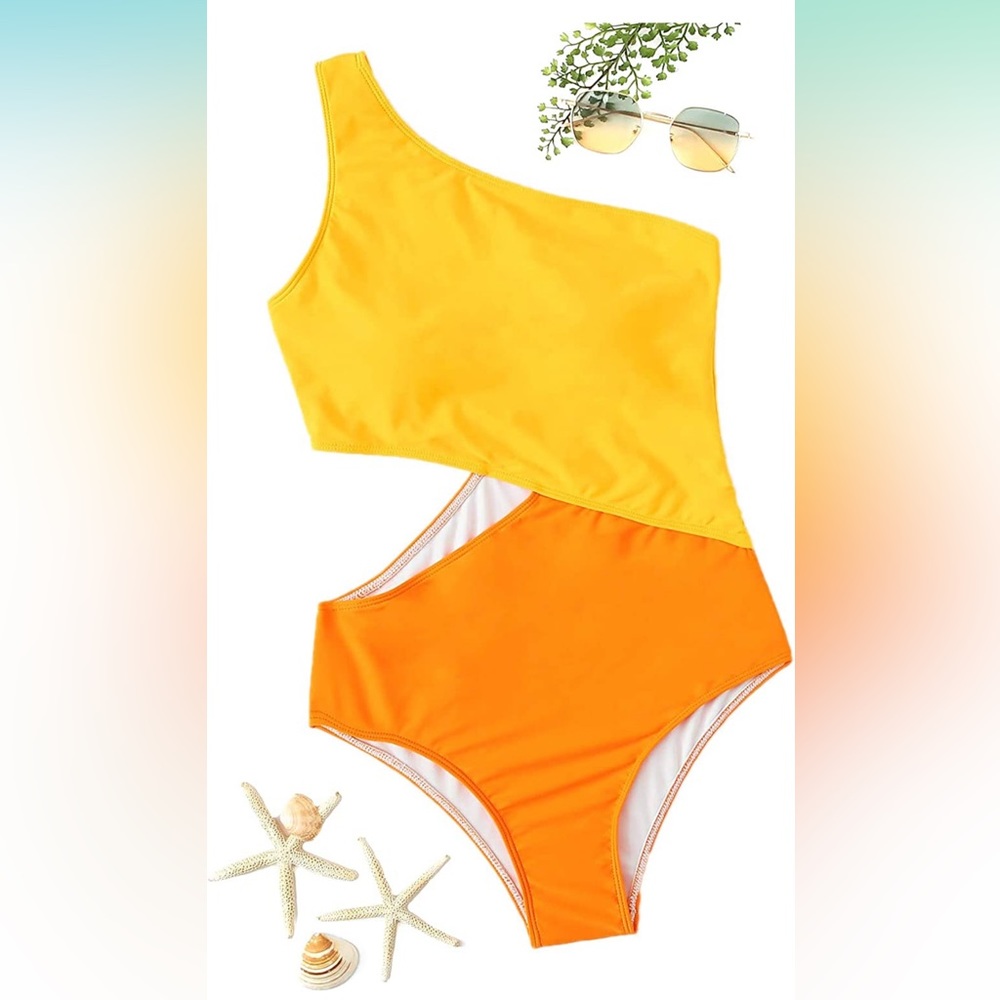 New SweatyRocks Orange One Shoulder One Piece Bikini Monokini Swimsuit - S